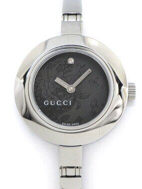Gucci Watch Bangle 105 1 Point Diamond Index Floral Pattern Black Dial SS